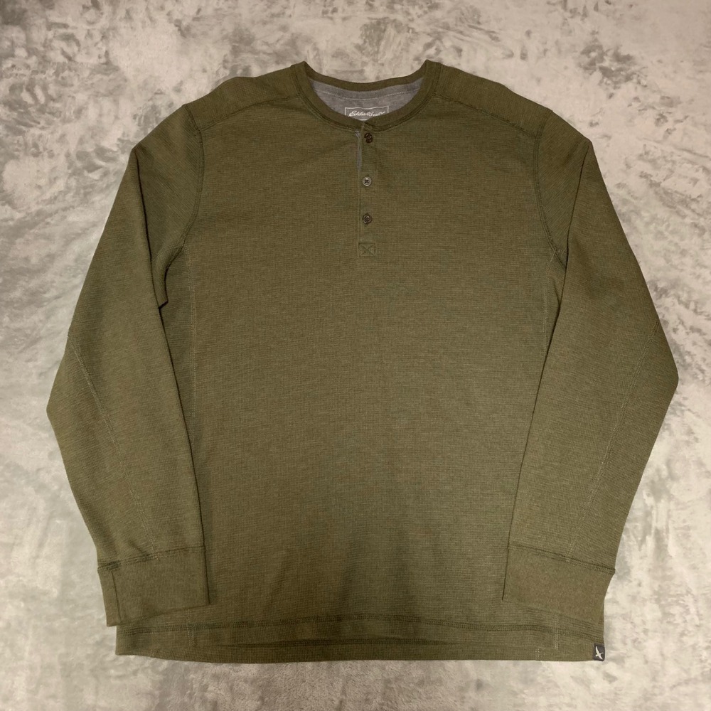Eddie Bauer Mens XL Olive Green Waffle Knit Henley Long Sleeve Thermal‎ Shirt